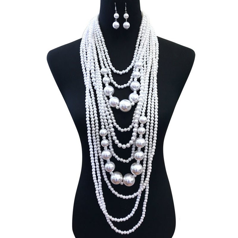 Fashion 21 Women's Chunky Multi-Strand Faux Pearl Statement Necklace and Earrings Set (White - Style B) - Image 4